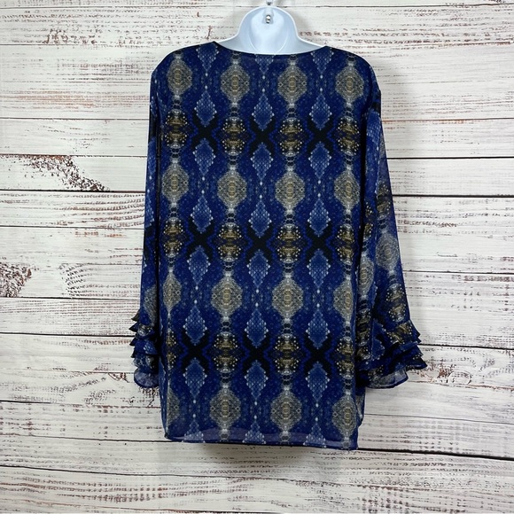 Calvin Klein Blue Snake Print V Neck Long Sleeve Blouse - Picture 7 of 12